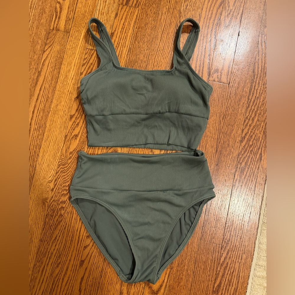 Lands' End Olive Green Ribbed Swimwear